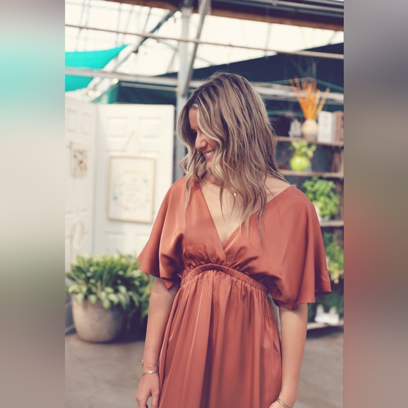 Deep-V Flutter Sleeve Satin Maxi Dress Copper Brown - Picture 2 of 4